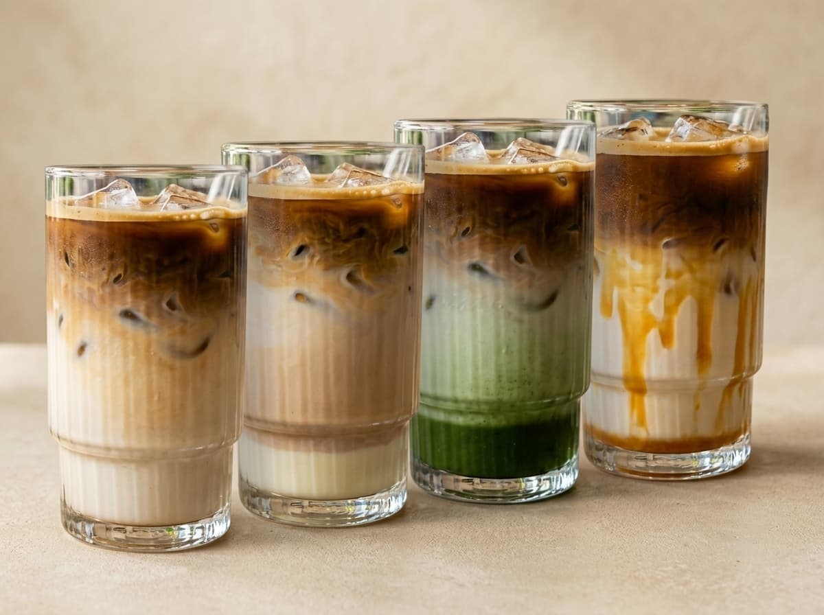 Four iced coffee drinks: Marquis, White Chocolate Mocha, Dirty Matcha and Caramel Macchiato