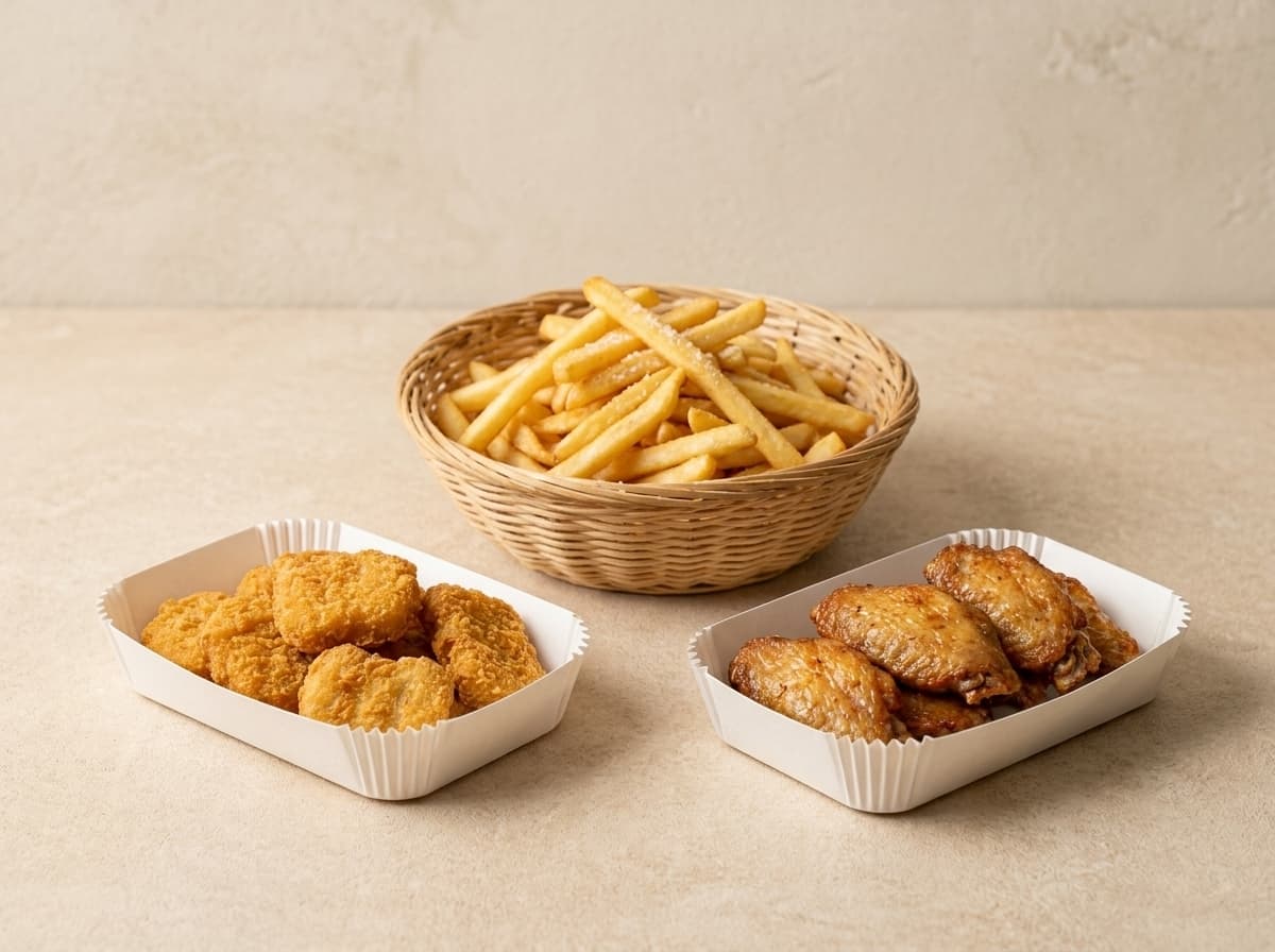 Four food items: Nuggets, Flavored Fries and Chicken Wings