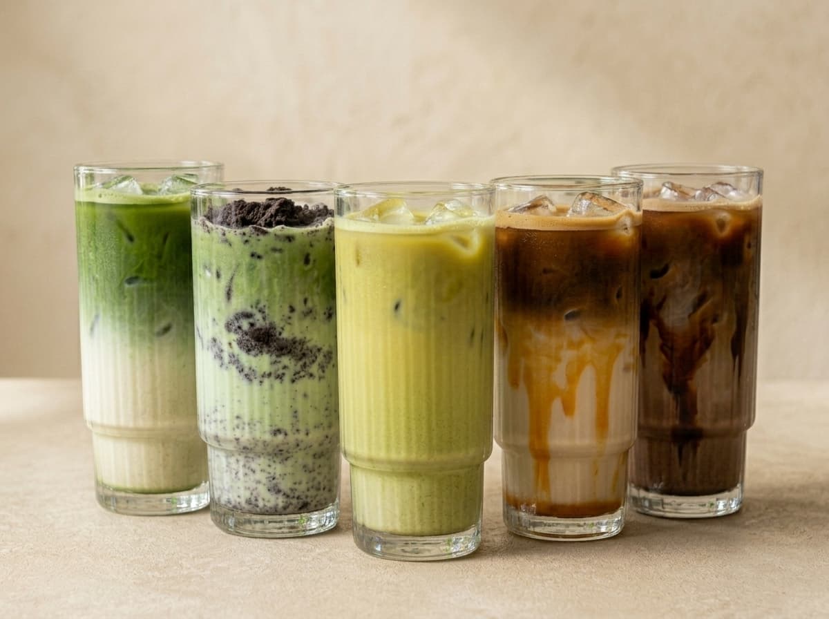 Four iced matcha and oat drinks: Matcha Latte, Oreo Matcha, Strawberry Matcha and Biscoff Matcha
