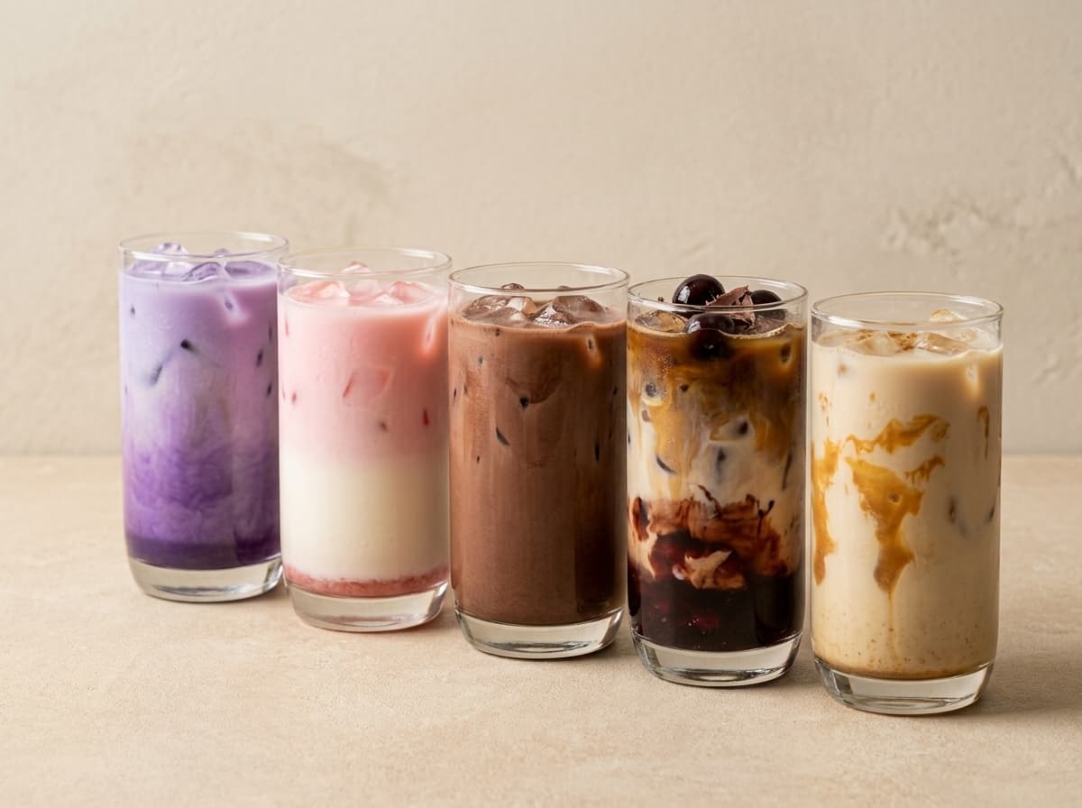 Four iced non-coffee drinks: Ube Latte, Oreo Latte, Strawberry Latte and Double Chocolate